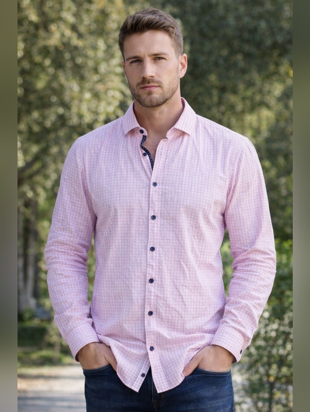 Men's BLU Preppy by Polifroni  Pink Gingham Check Button-Down Shirt. Size L